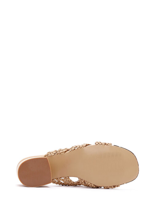 Kadın Bej Örgülü Kısa Kalın Topuklu Terlik 25SFE460918 - Görsel 5