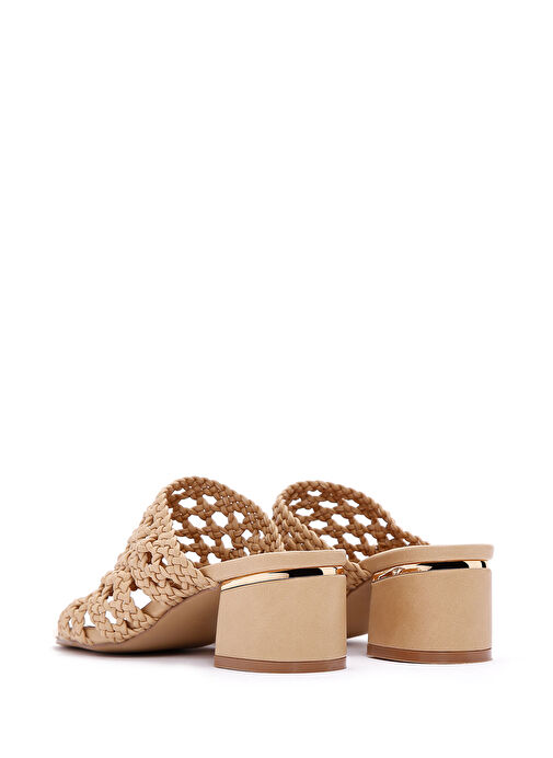 Kadın Bej Örgülü Kısa Kalın Topuklu Terlik 25SFE460918 - Görsel 6