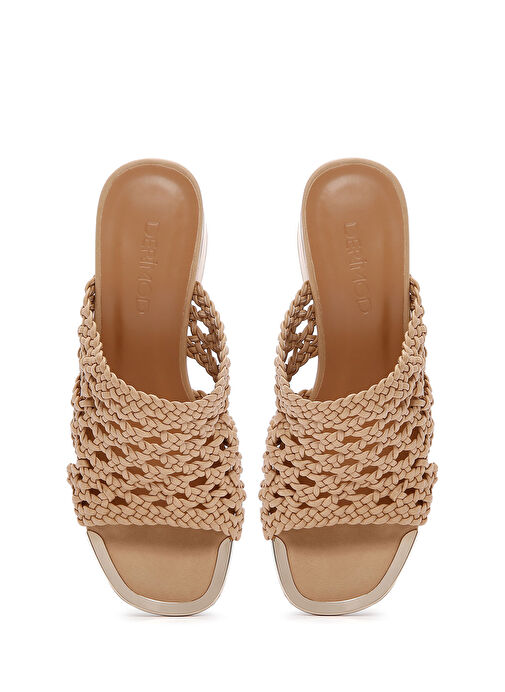 Kadın Bej Örgülü Kısa Kalın Topuklu Terlik 25SFE460918 - Görsel 7