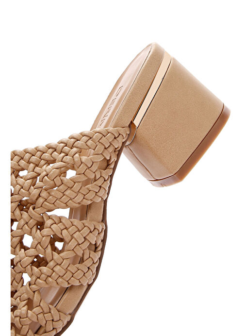 Kadın Bej Örgülü Kısa Kalın Topuklu Terlik 25SFE460918 - Görsel 8