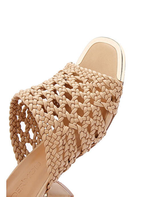 Kadın Bej Örgülü Kısa Kalın Topuklu Terlik 25SFE460918 - Görsel 9