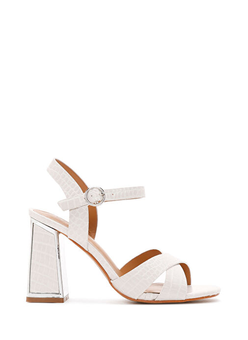 Kadın Beyaz Bilekten Bantlı Kalın Topuklu Kroko Sandalet 25SFE4623E3 - Görsel 2