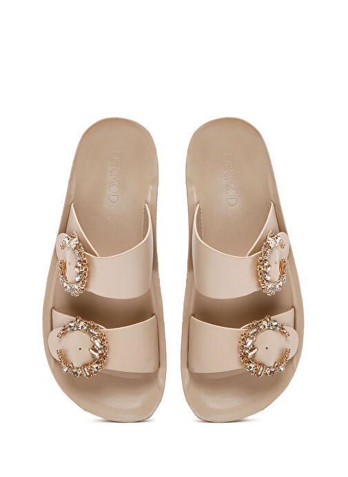 Kadın Bej Çift Tokalı Taşlı Terlik 25SFE460718 - Görsel 7