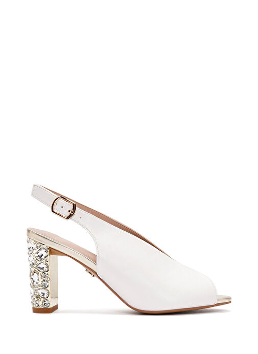 Kadın Beyaz Arkadan Bantlı Taşlı Kalın Topuklu Sandalet 25SFE462418 - Görsel 2
