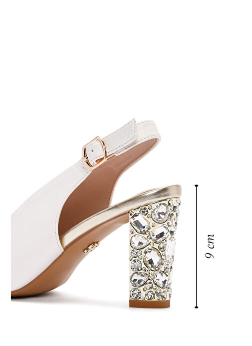 Kadın Beyaz Arkadan Bantlı Taşlı Kalın Topuklu Sandalet 25SFE462418 - Görsel 3