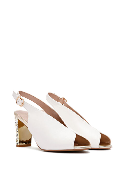 Kadın Beyaz Arkadan Bantlı Taşlı Kalın Topuklu Sandalet 25SFE462418 - Görsel 4