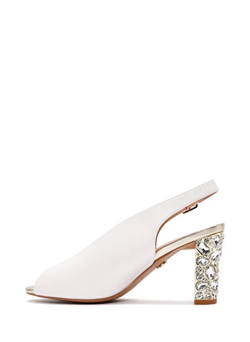 Kadın Beyaz Arkadan Bantlı Taşlı Kalın Topuklu Sandalet 25SFE462418 - Görsel 5