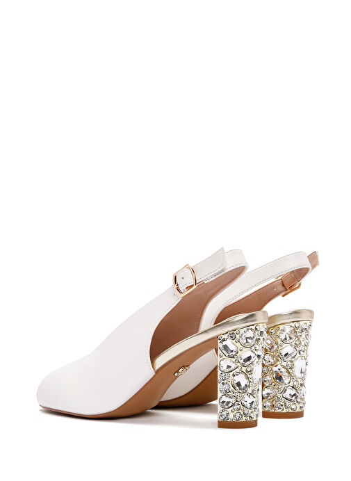 Kadın Beyaz Arkadan Bantlı Taşlı Kalın Topuklu Sandalet 25SFE462418 - Görsel 7