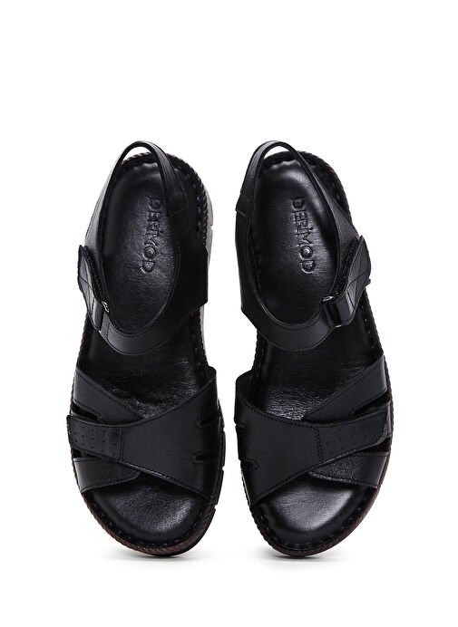 Kadın Siyah Bilekten Bantlı Deri Comfort Sandalet 25SFD320518 - Görsel 7