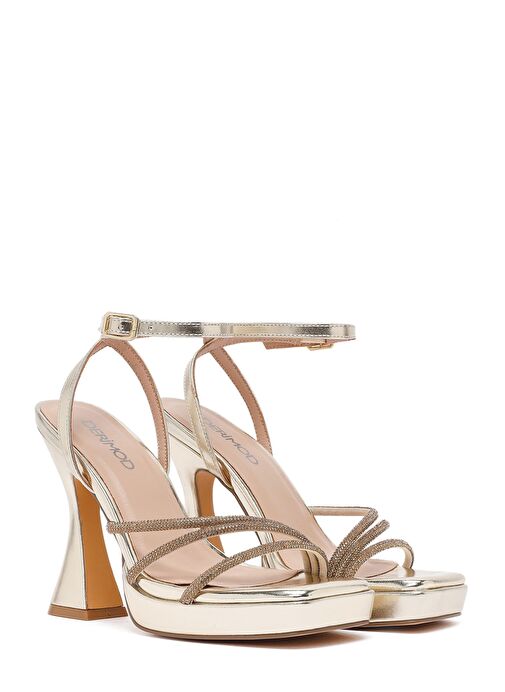 Kadın Altın Bilekten Bağlamalı Kalın Yüksek Topuklu Abiye Sandalet 25SFD441014 - Görsel 4