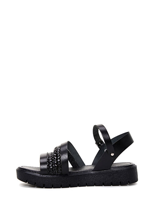 Kadın Siyah Kalın Tabanlı Örgü Detaylı Deri Bodrum Sandalet 25SFD330918 - Görsel 3
