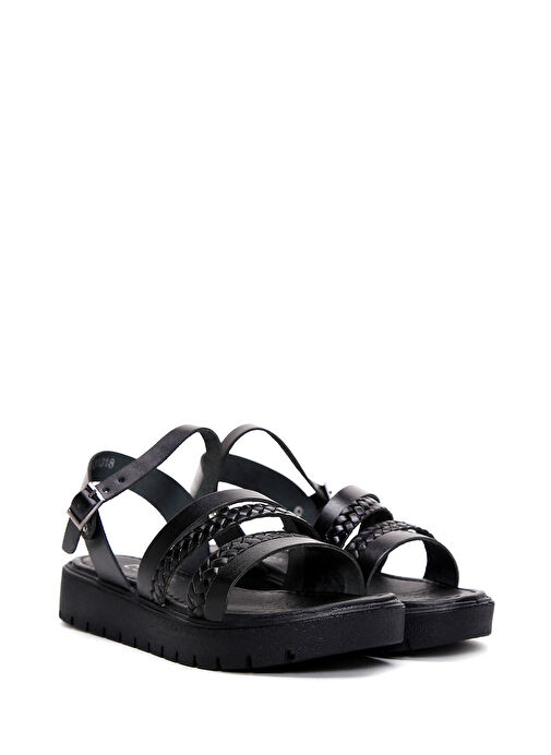 Kadın Siyah Kalın Tabanlı Örgü Detaylı Deri Bodrum Sandalet 25SFD330918 - Görsel 4