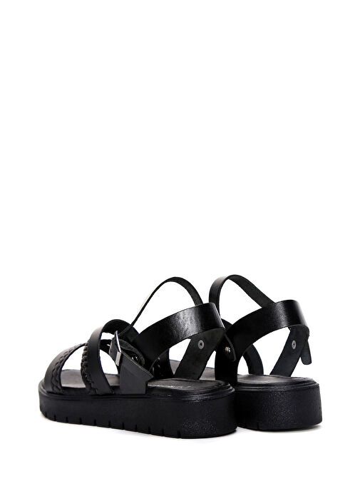 Kadın Siyah Kalın Tabanlı Örgü Detaylı Deri Bodrum Sandalet 25SFD330918 - Görsel 6