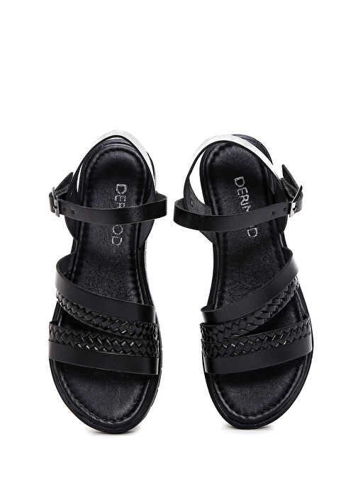 Kadın Siyah Kalın Tabanlı Örgü Detaylı Deri Bodrum Sandalet 25SFD330918 - Görsel 7