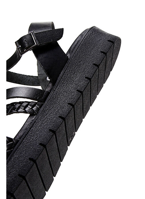 Kadın Siyah Kalın Tabanlı Örgü Detaylı Deri Bodrum Sandalet 25SFD330918 - Görsel 8