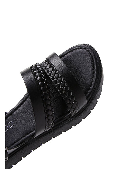 Kadın Siyah Kalın Tabanlı Örgü Detaylı Deri Bodrum Sandalet 25SFD330918 - Görsel 9