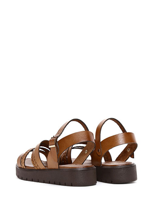 Kadın Taba Kalın Tabanlı Örgü Detaylı Deri Bodrum Sandalet 25SFD330918 - Görsel 6