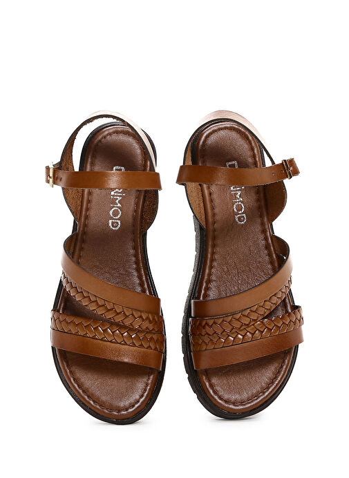 Kadın Taba Kalın Tabanlı Örgü Detaylı Deri Bodrum Sandalet 25SFD330918 - Görsel 8