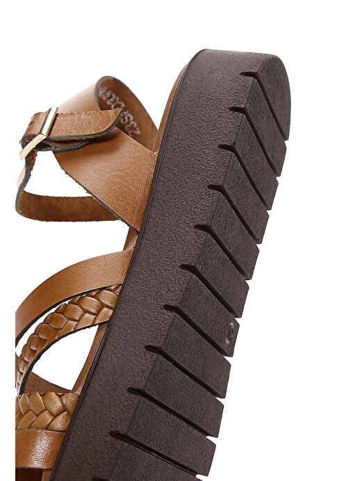 Kadın Taba Kalın Tabanlı Örgü Detaylı Deri Bodrum Sandalet 25SFD330918 - Görsel 9