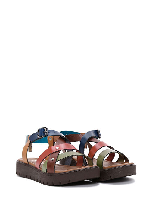 Kadın Çok Renkli Kalın Tabanlı Deri Bodrum Sandalet 25SFD331418 - Görsel 4