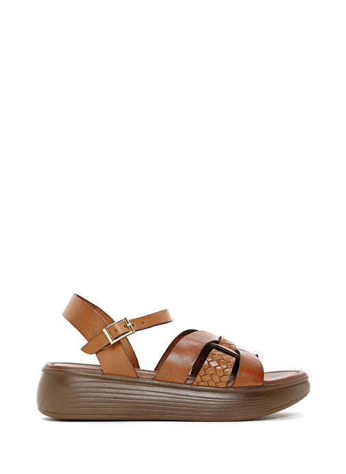 Kadın Taba Kalın Tabanlı Örgü Detaylı Deri Sandalet 25SFD331818 - Görsel 2