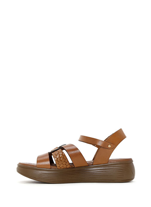 Kadın Taba Kalın Tabanlı Örgü Detaylı Deri Sandalet 25SFD331818 - Görsel 3