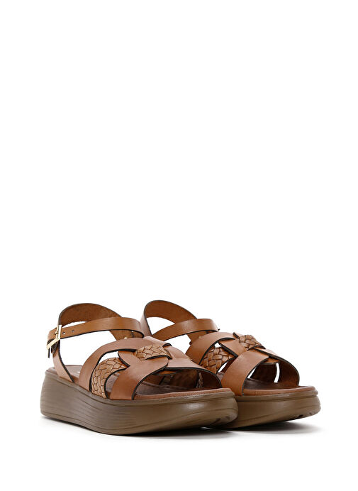 Kadın Taba Kalın Tabanlı Örgü Detaylı Deri Sandalet 25SFD331818 - Görsel 4