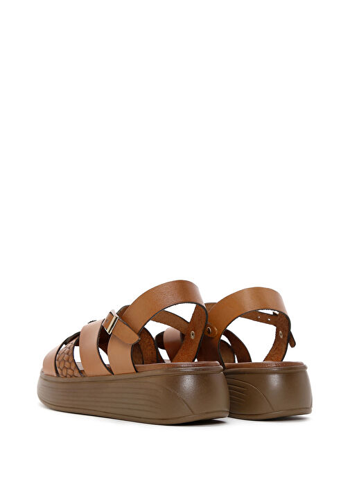 Kadın Taba Kalın Tabanlı Örgü Detaylı Deri Sandalet 25SFD331818 - Görsel 6