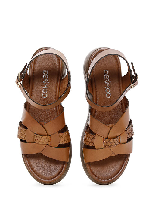 Kadın Taba Kalın Tabanlı Örgü Detaylı Deri Sandalet 25SFD331818 - Görsel 7