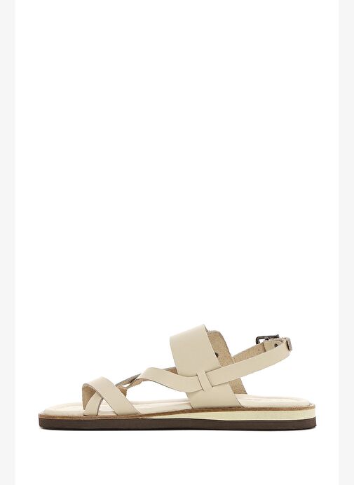 Kadın Bej Bilekten Bantlı Parmak Arası Deri Sandalet 25SFD361018 - Görsel 3