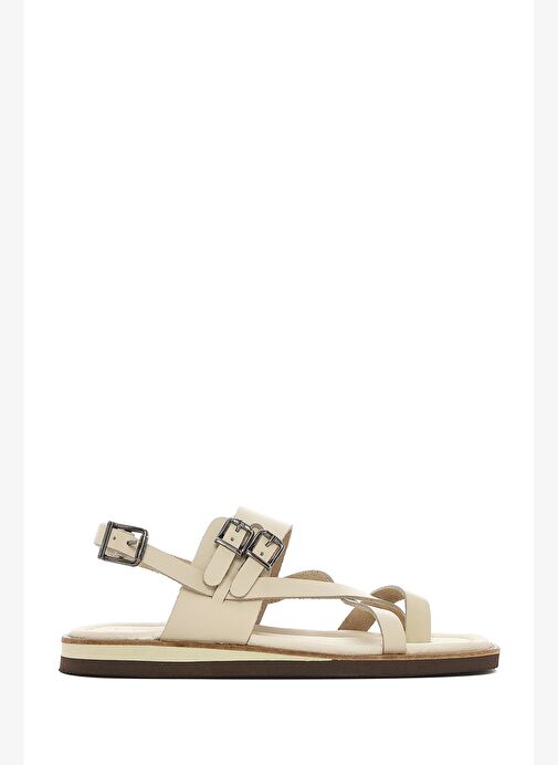 Kadın Bej Bilekten Bantlı Parmak Arası Deri Sandalet 25SFD361018 - Görsel 2