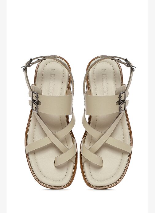 Kadın Bej Bilekten Bantlı Parmak Arası Deri Sandalet 25SFD361018 - Görsel 8