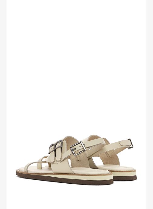 Kadın Bej Bilekten Bantlı Parmak Arası Deri Sandalet 25SFD361018 - Görsel 6