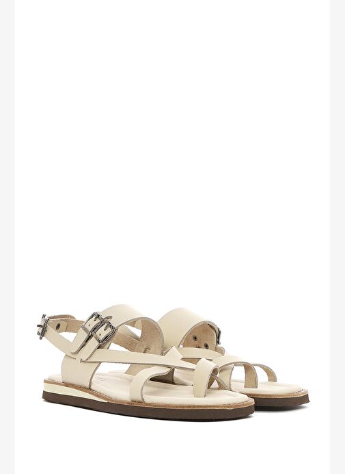 Kadın Bej Bilekten Bantlı Parmak Arası Deri Sandalet 25SFD361018 - Görsel 4