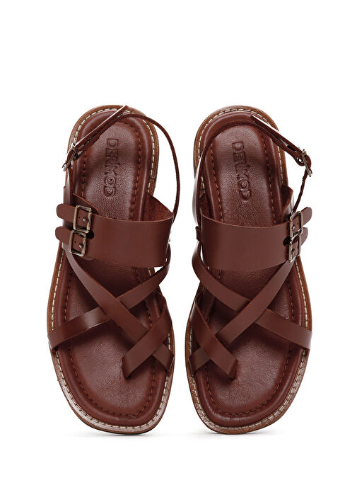 Kadın Taba Bilekten Bantlı Parmak Arası Deri Sandalet 25SFD361018 - Görsel 8