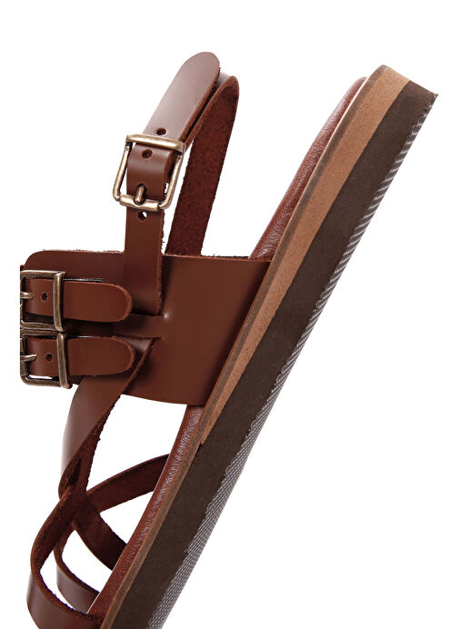 Kadın Taba Bilekten Bantlı Parmak Arası Deri Sandalet 25SFD361018 - Görsel 9