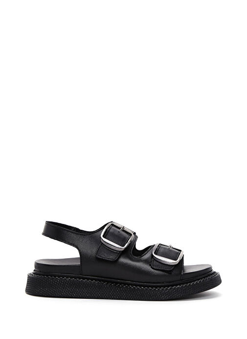 Kadın Siyah Çift Tokalı Deri Comfort Sandalet 25SFD300018 - Görsel 2