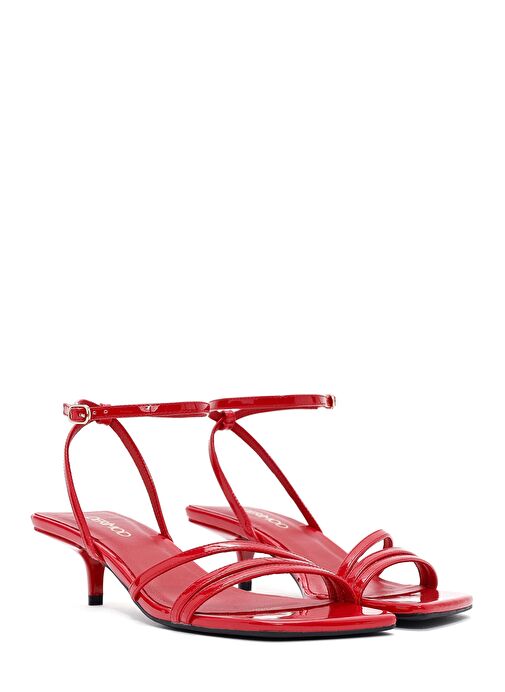 Kadın Kırmızı Bilekten Bantlı Topuklu Rugan Sandalet 25SFE485916 - Görsel 5