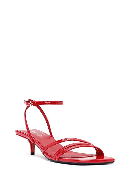 Kadın Kırmızı Bilekten Bantlı Topuklu Rugan Sandalet 25SFE485916 - Görsel 9