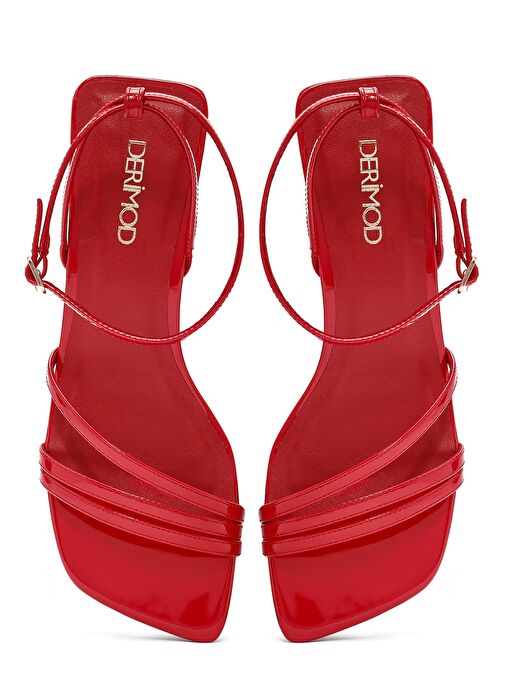 Kadın Kırmızı Bilekten Bantlı Topuklu Rugan Sandalet 25SFE485916 - Görsel 8