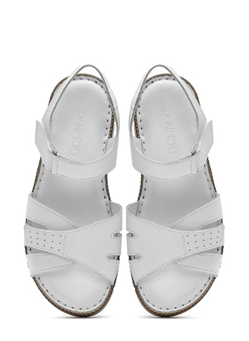 Kadın Beyaz Bilekten Bantlı Kalın Tabanlı Deri Comfort Sandalet 25SFD320518 - Görsel 8