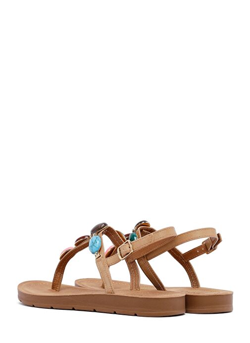 Kadın Bej Parmak Arası Taşlı Sandalet 25SFE464418 - Görsel 6