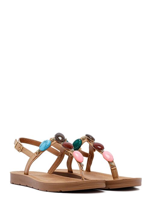 Kadın Bej Parmak Arası Taşlı Sandalet 25SFE464418 - Görsel 4