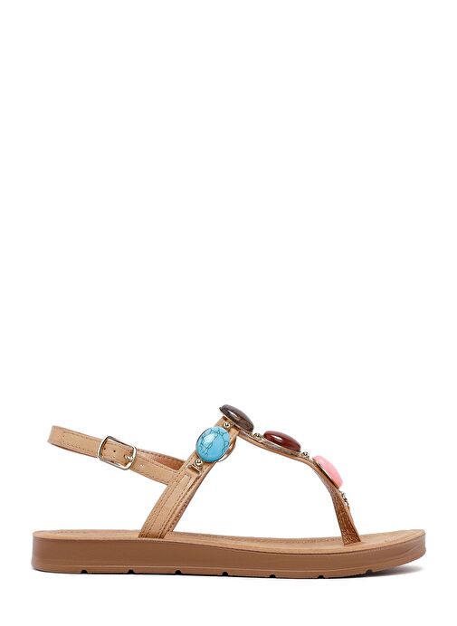 Kadın Bej Parmak Arası Taşlı Sandalet 25SFE464418 - Görsel 2