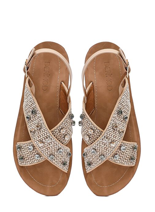 Kadın Bej Taşlı Hasır Sandalet 25SFE4648M7 - Görsel 8