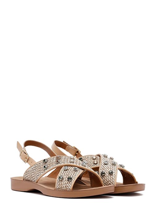Kadın Bej Taşlı Hasır Sandalet 25SFE4648M7 - Görsel 4