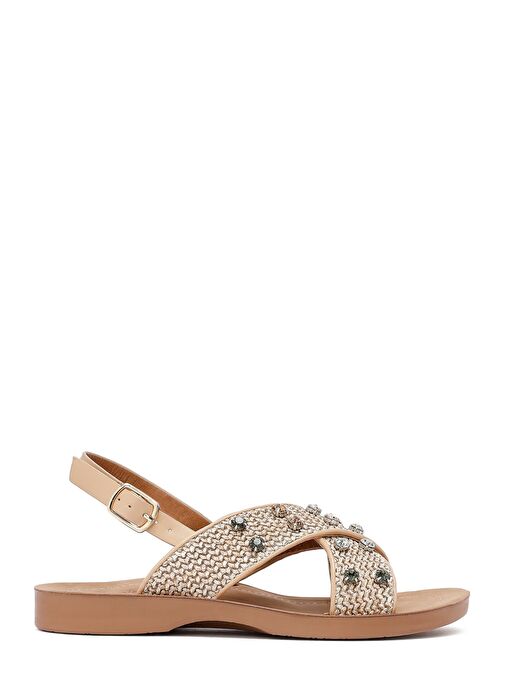 Kadın Bej Taşlı Hasır Sandalet 25SFE4648M7 - Görsel 2