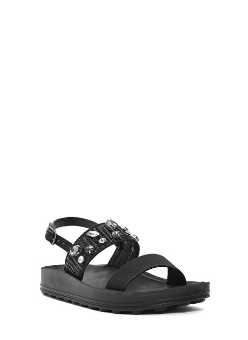 Kadın Siyah Kalın Tabanlı Taşlı Sandalet 25SFE465014 - Görsel 7