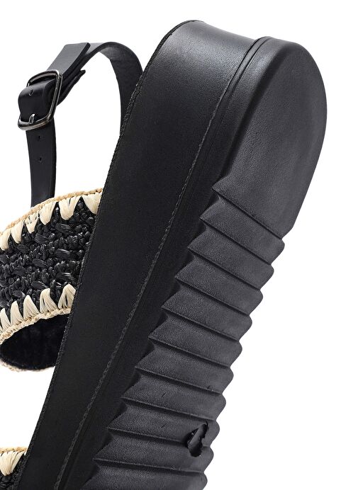 Kadın Siyah Bilekten Tokalı Kalın Tabanlı Hasır Sandalet 25SFE4653M7 - Görsel 9