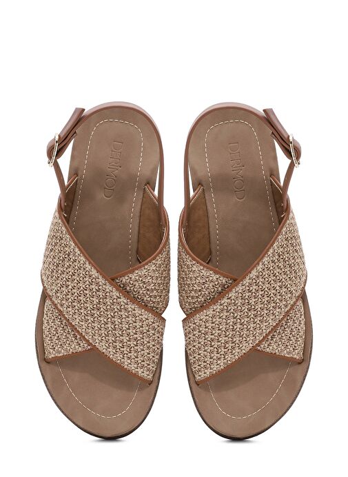 Kadın Bej Arkadan Tokalı Kalın Tabanlı Hasır Sandalet 25SFE4656M7 - Görsel 8